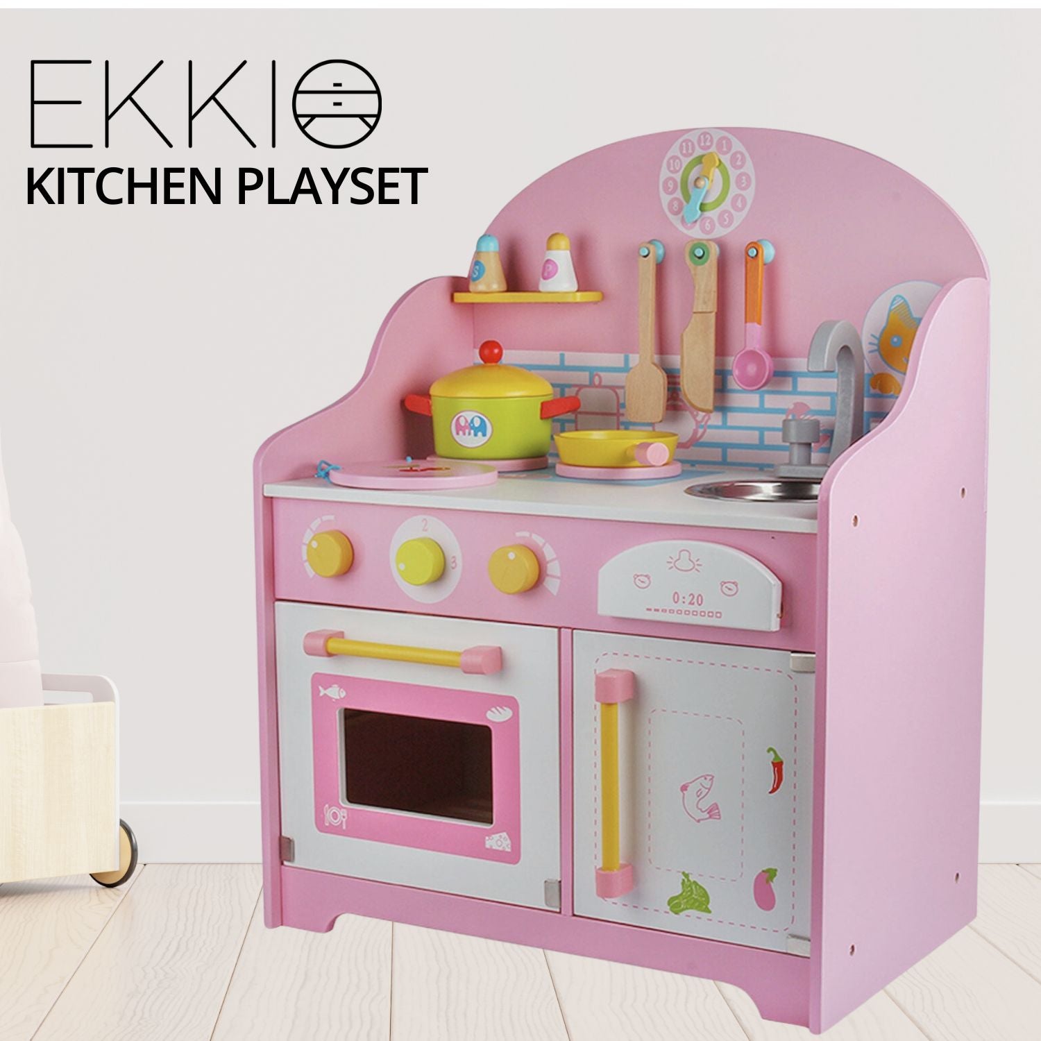 EKKIO Wooden Kitchen Playset for Kids with Clock (Japanese Style Kitchen Set, Pink) Main image