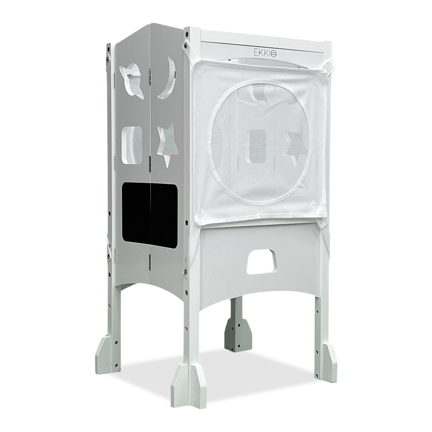 EKKIO Folding Kitchen Kids Step Stool with Chalkboard- Saturn, Moon, Square and Star Shape Design (White) Main image