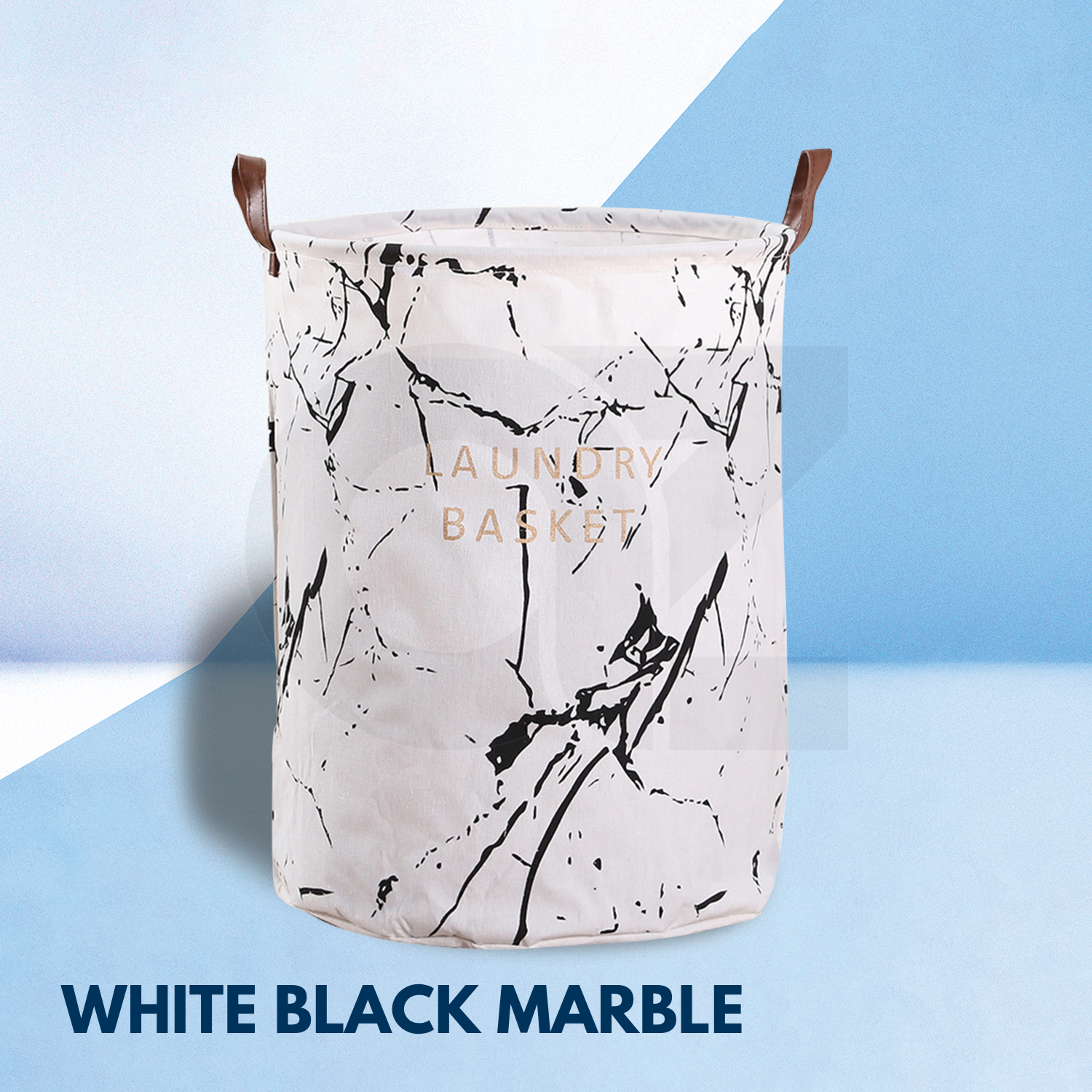 GOMINIMO Laundry Basket Round Foldable White Black Marble Main image