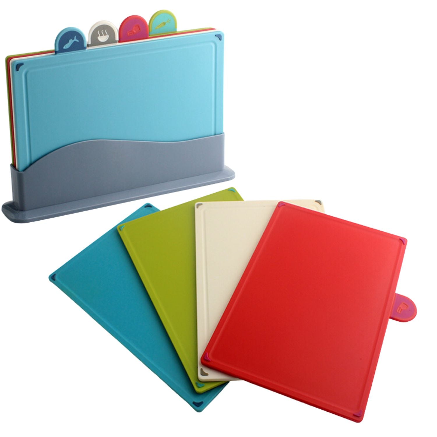 GOMINIMO Set of 4 Chopping Board with Index Color Coded Food Icon and Dark Grey Stand Main image