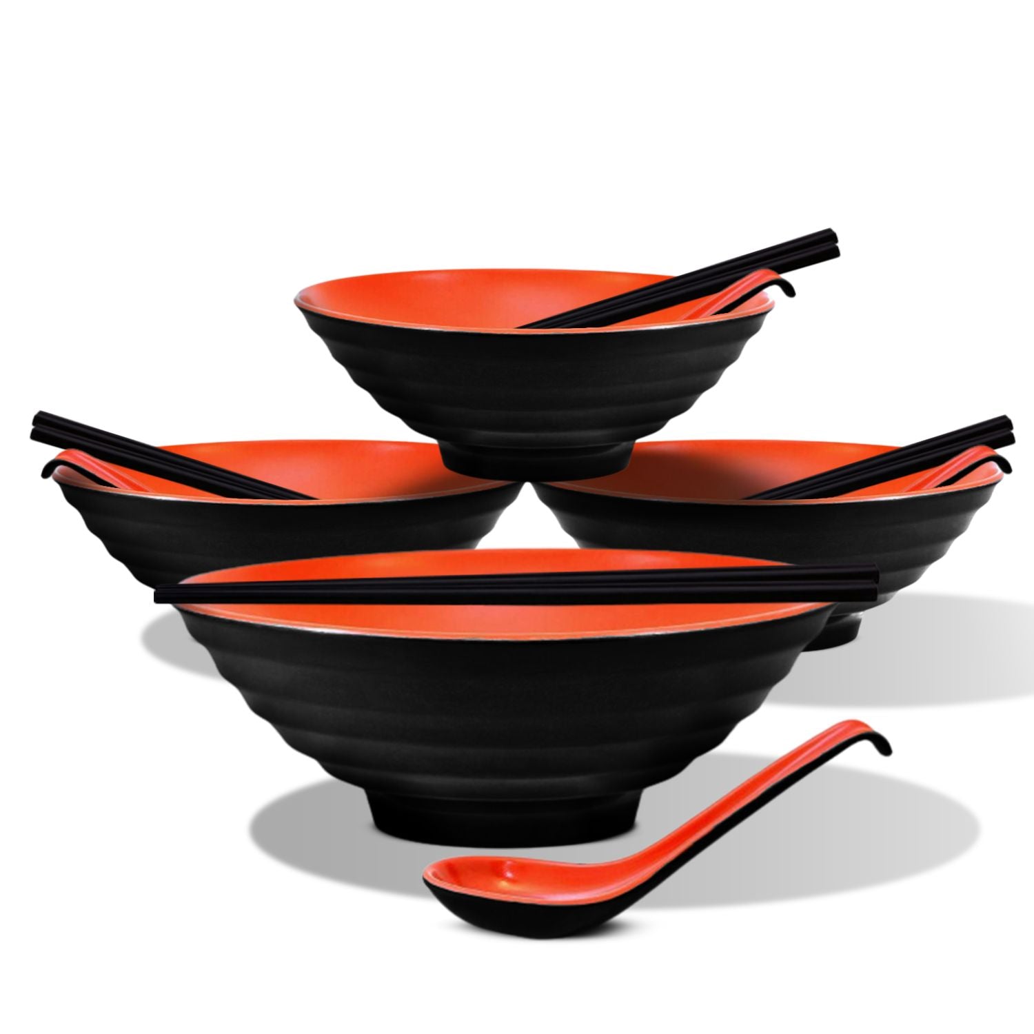 GOMINIMO 4 Sets (12 Piece) Noodle Soup Bowl Dishware with Matching Spoon and Chopsticks (Red and Black) Main image