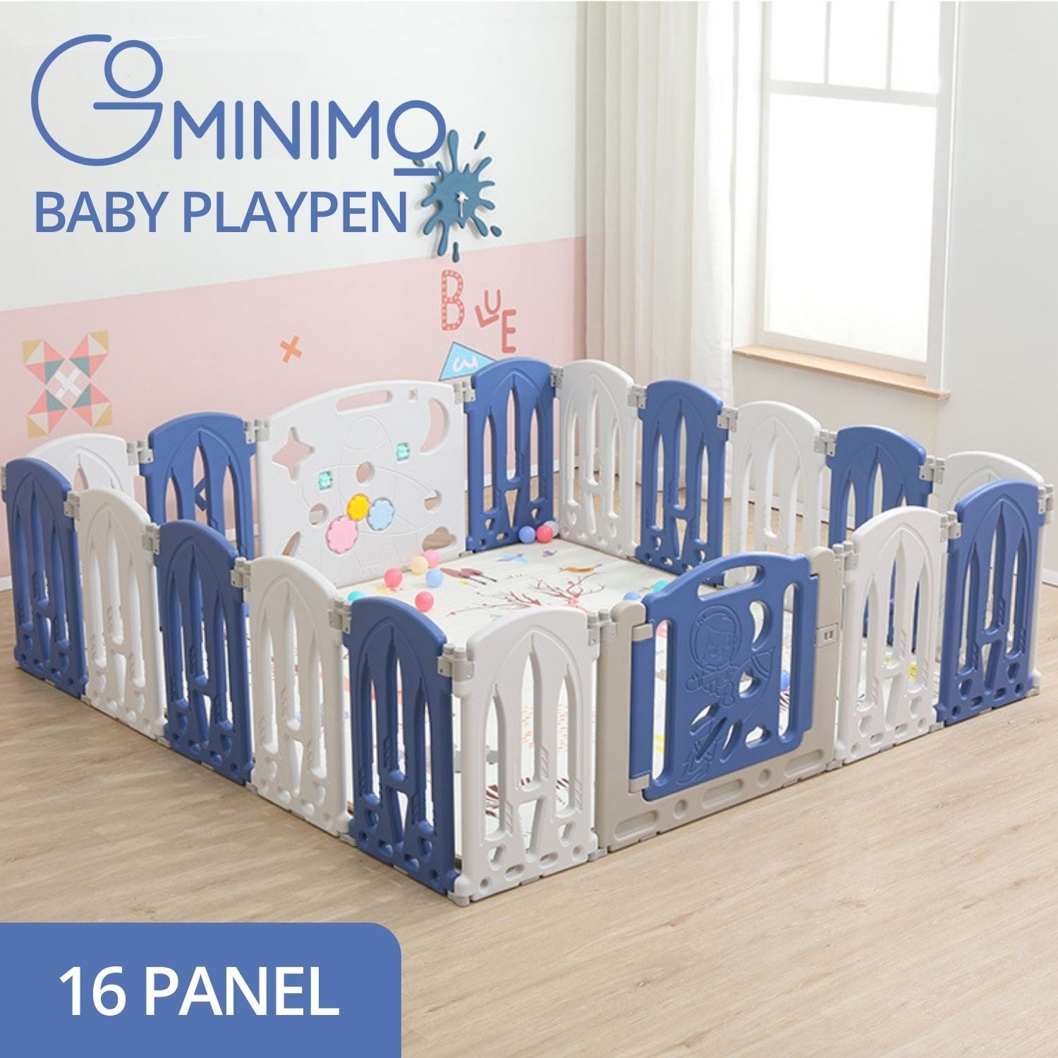 GOMINIMO Foldable Baby Playpen with 16 Panels (White Blue) Main image