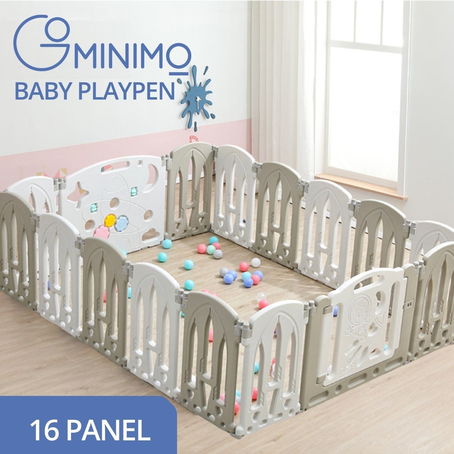 GOMINIMO Foldable Baby Playpen with 16 Panels (White Grey) Main image
