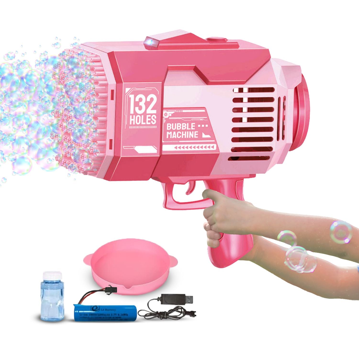 GOMINIMO 132 Holes Rechargeable Bubbles Machine Gun for Kids (Pink) Main image