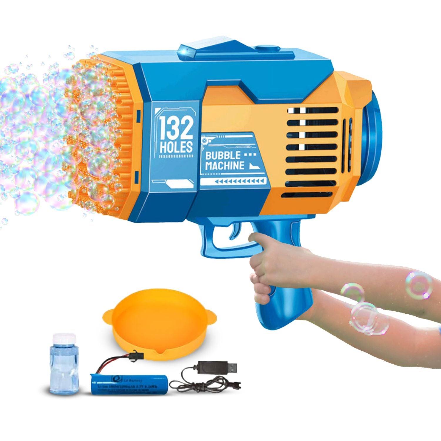 GOMINIMO 132 Holes Rechargeable Bubbles Machine Gun for Kids (Orange and Blue) Main image