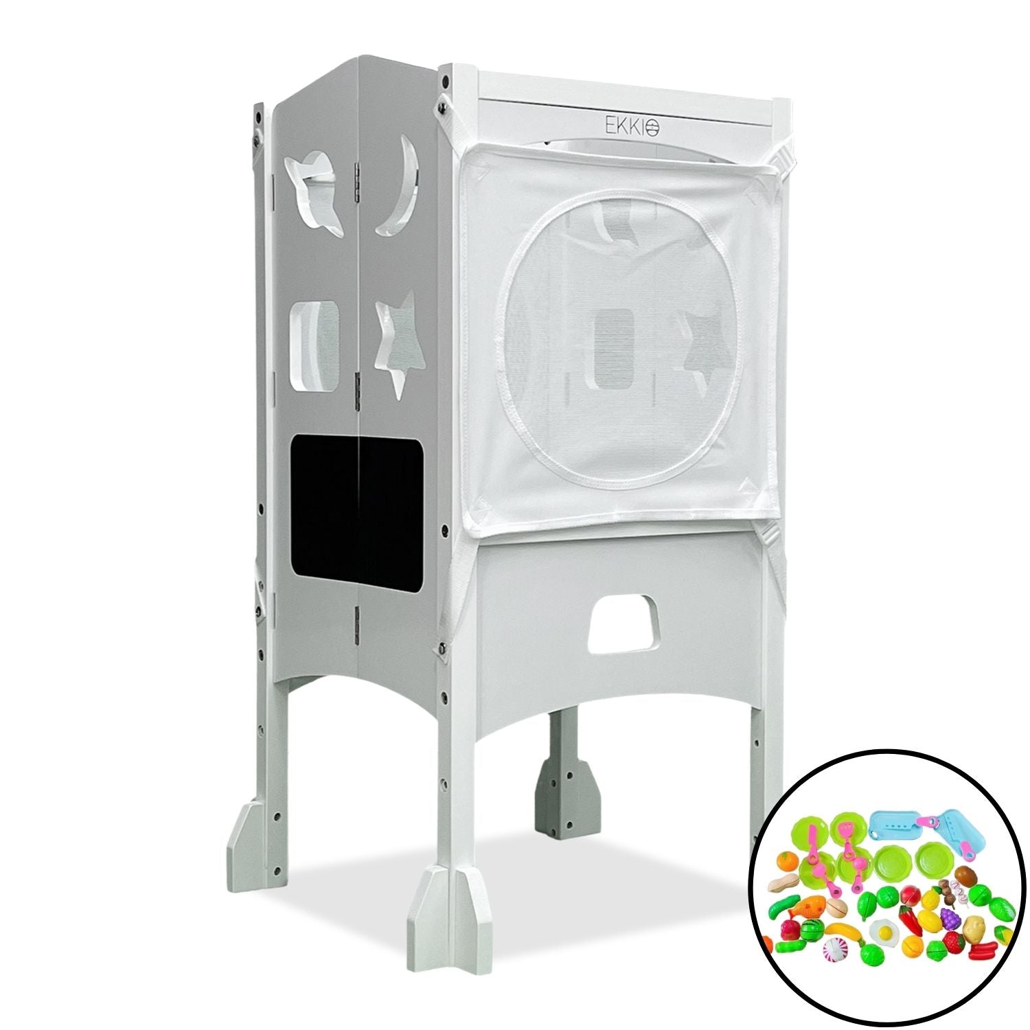 EKKIO Folding Kitchen Kids Step Stool with Chalkboard- Saturn, Moon, Square and Star Shape Design (White) Main image