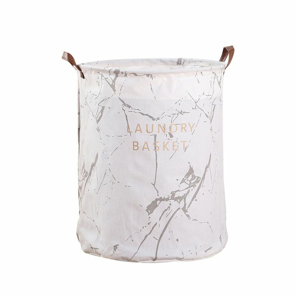 GOMINIMO Laundry Basket Round Foldable (White Grey Marble) Main image
