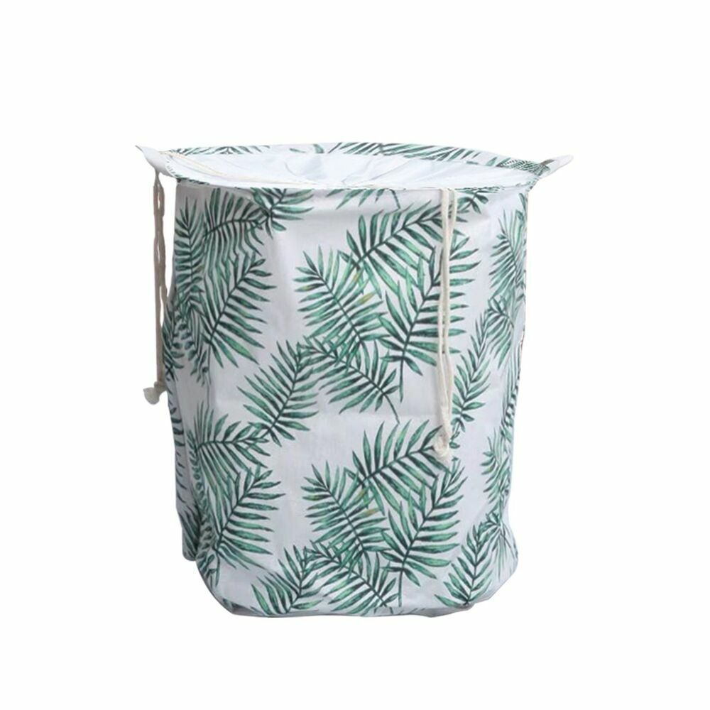 GOMINIMO Laundry Basket Round Foldable with Cover (Green Leaves) Main image