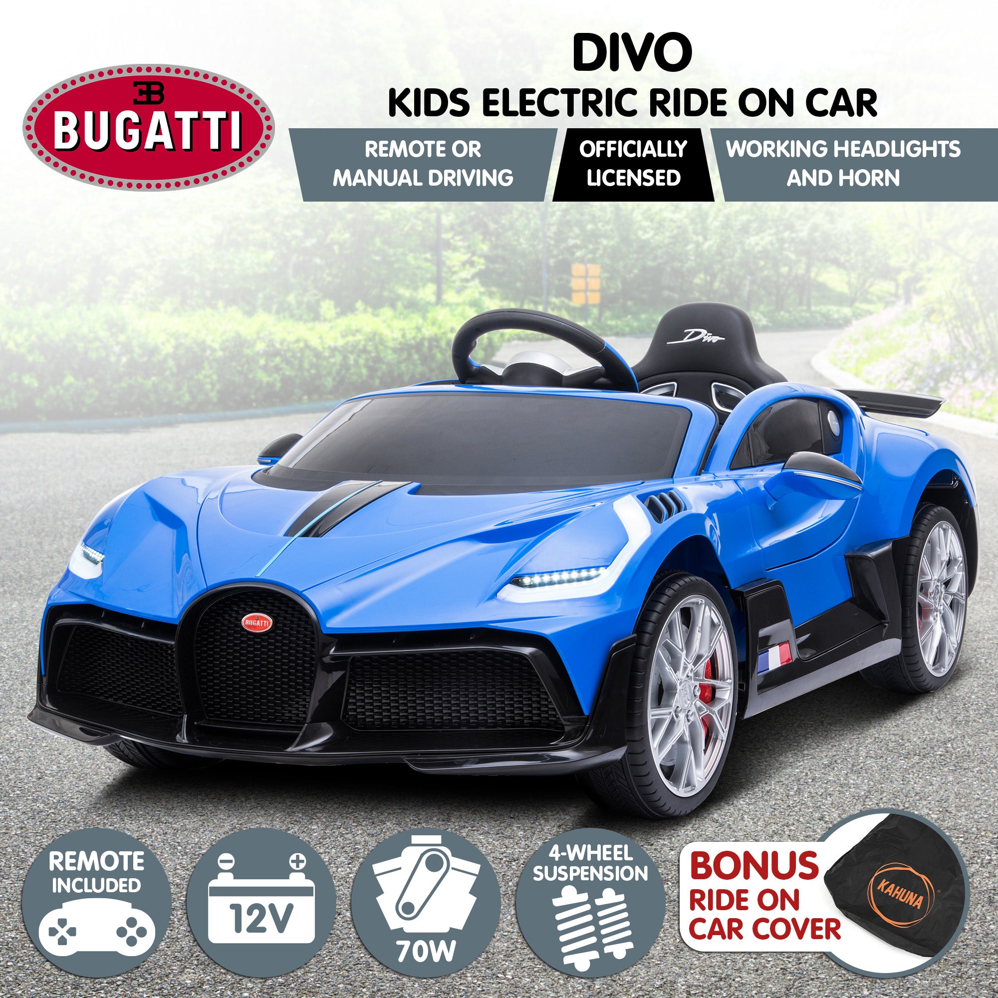 Kahuna Licensed Bugatti Divo Kids Electric Ride On Car - Blue Secondary image
