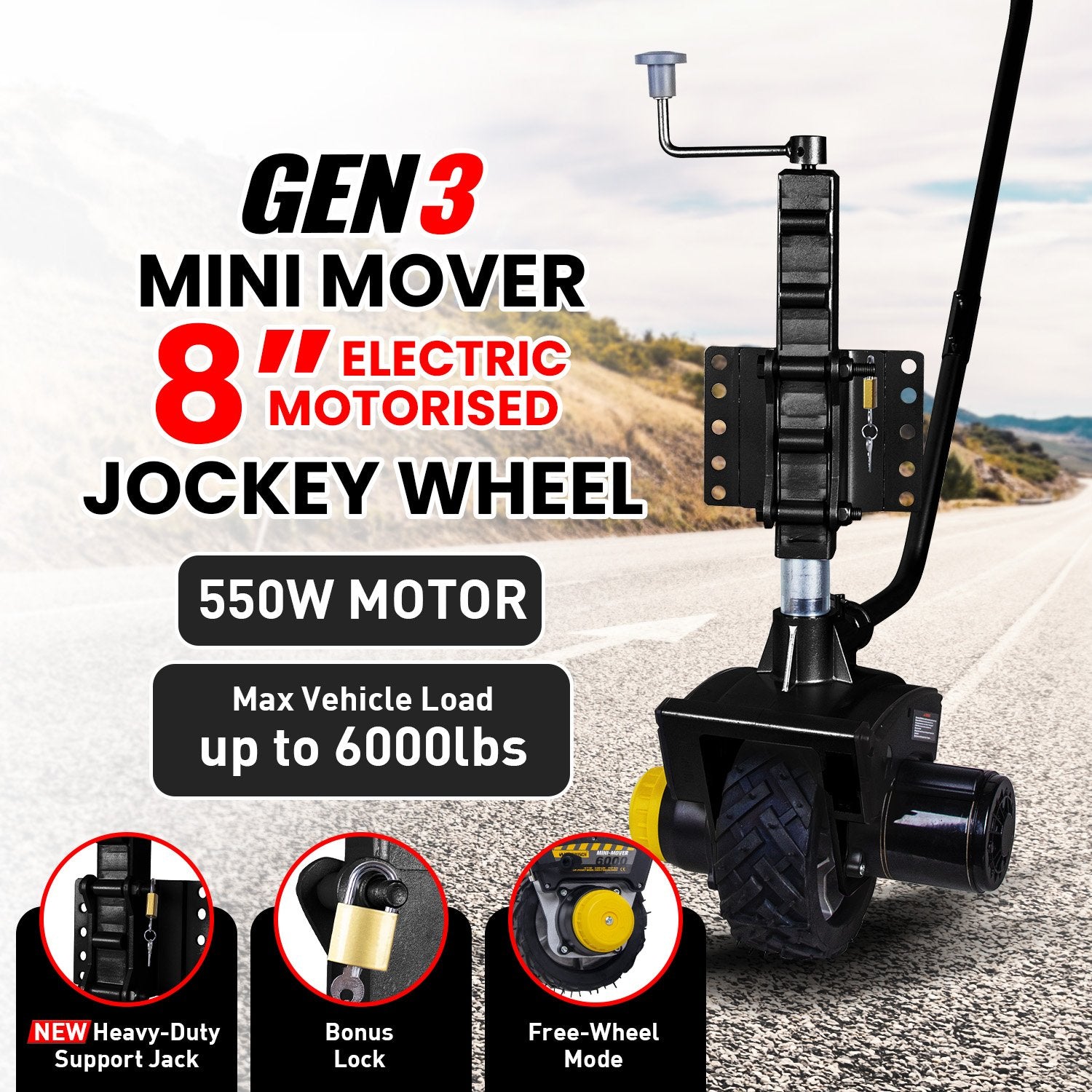 Mini Mover Gen3 12V 550W Electric Motorised Jockey Wheel - Black Secondary image