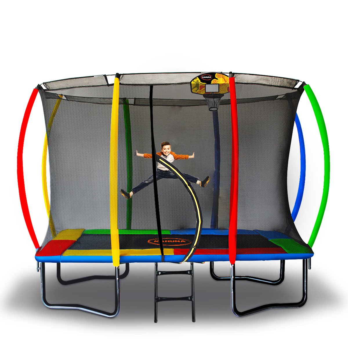 Kahuna 8ft x 11ft Outdoor Rectangular Rainbow Trampoline With Safety Enclosure And Basketball Hoop Set. Main image
