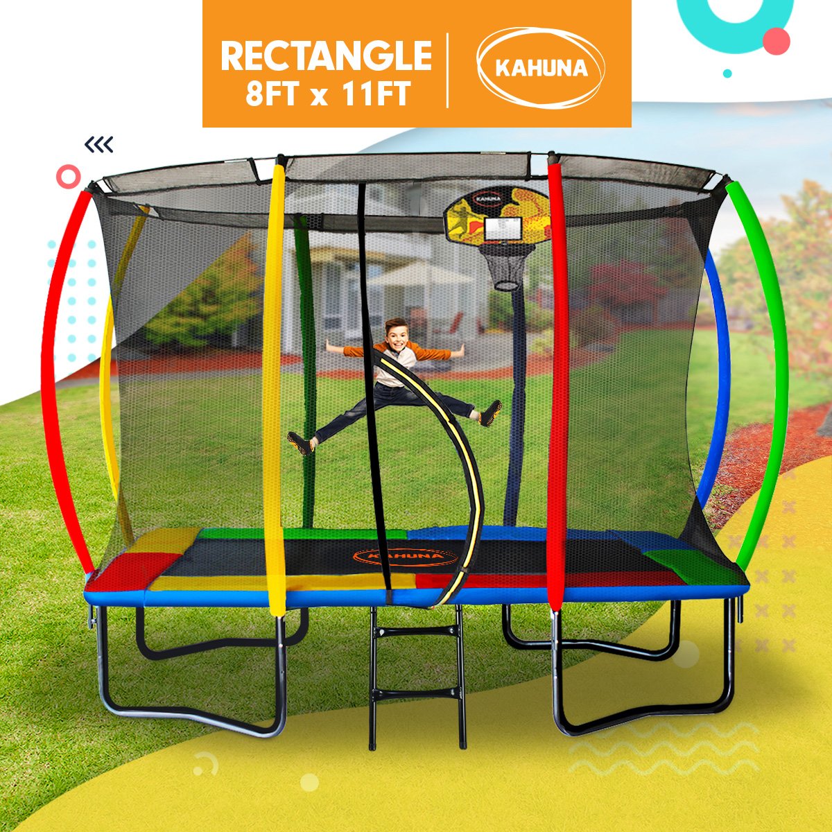 Kahuna 8ft x 11ft Outdoor Rectangular Rainbow Trampoline With Safety Enclosure And Basketball Hoop Set. Secondary image