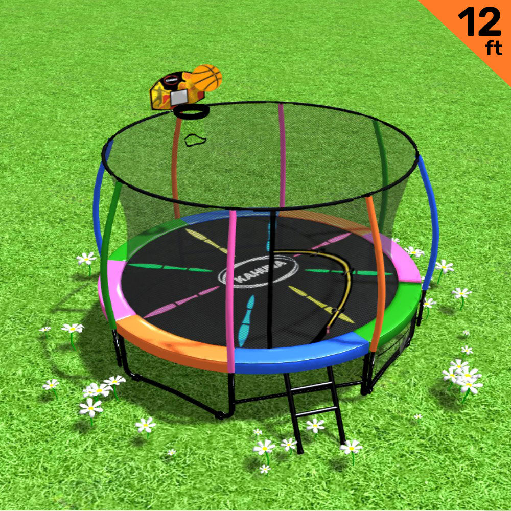 Kahuna 12ft Outdoor Trampoline Kids Children With Safety Enclosure Pad Mat Ladder Basketball Hoop Set - Rainbow Secondary image