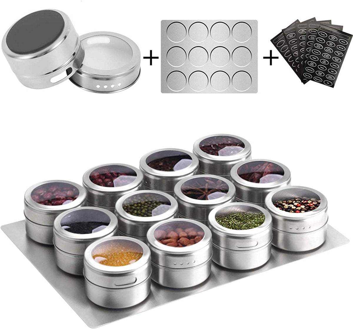 Magnetic Spice Jars Containers Spice Tins Wall Mounted Stainless Steel Base New 12PCS Main image
