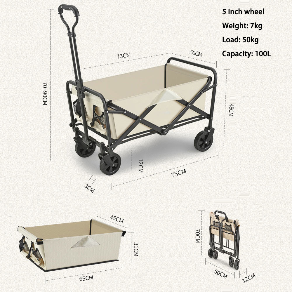 5 Inch Wheel Beige Folding Beach Wagon Cart Trolley Garden Outdoor Picnic Camping Sports Market Collapsible Shop Main image