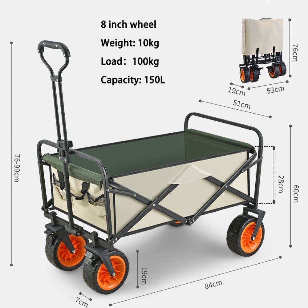 8 Inch Wheel Beige Folding Beach Wagon Cart Trolley Garden Outdoor Picnic Camping Sports Market Collapsible Shop Main image
