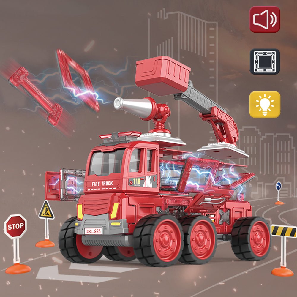DanBaoLe Magnetic Fire Truck DIY Assembly Eneineering Vehicle with Music Lights Red Christmas Gift Main image