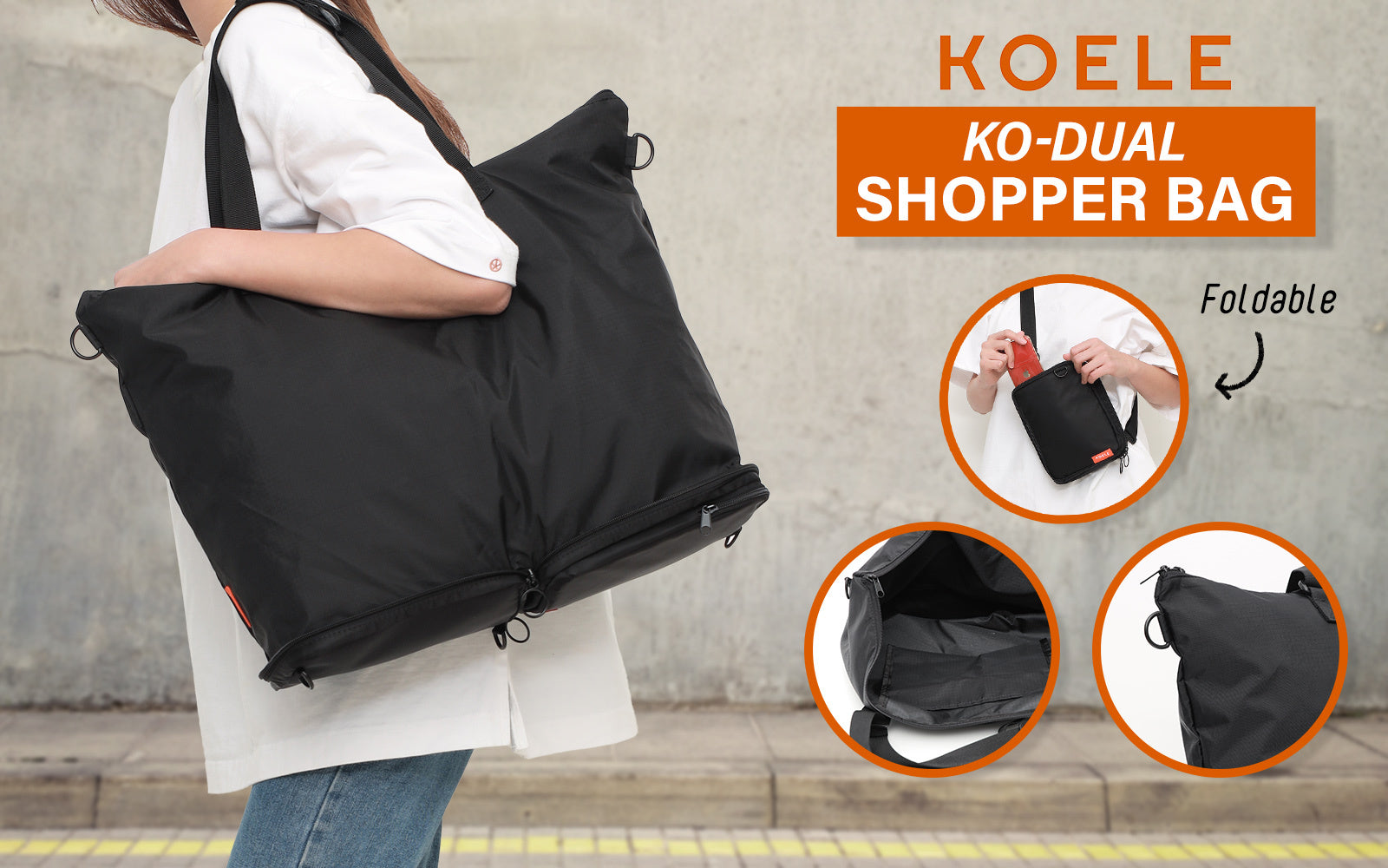 Shopper Bag Tote Bag Foldable Travel Laptop Grocery Nylon KO-DUAL BLACK Secondary image