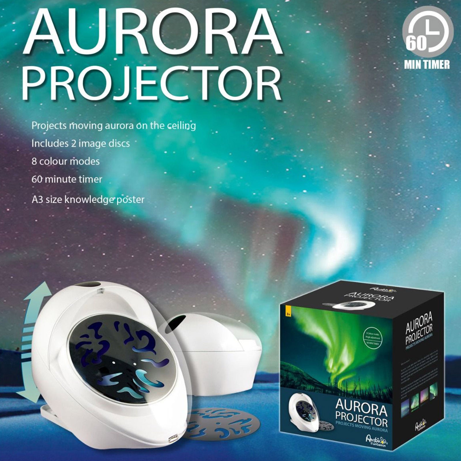 Aurora Projector Moving Night Light 8 Colour Mode - Kids Learning Toy Secondary image