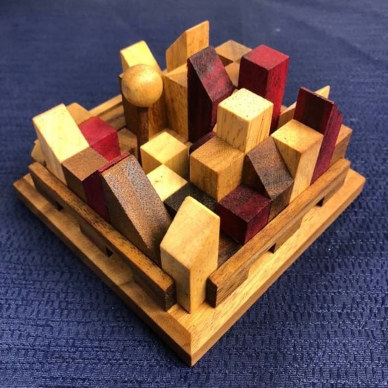 City Planner brain teaser puzzle, wood, handmade 3D puzzle-remove shapes and try rebuild your city Main image