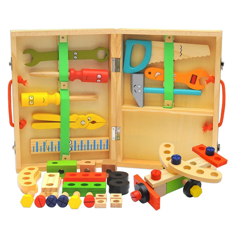 Children's pretend play build fix wood Toolbox Toy, Carpenter Traddie Set For toddlers and kids Main image
