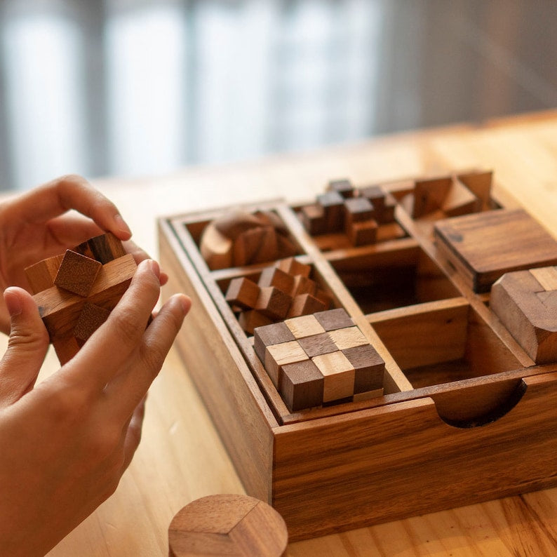 Mothers day gift Wooden brain teaser puzzle gift box - 9 individual mechanical puzzle set in own box Main image