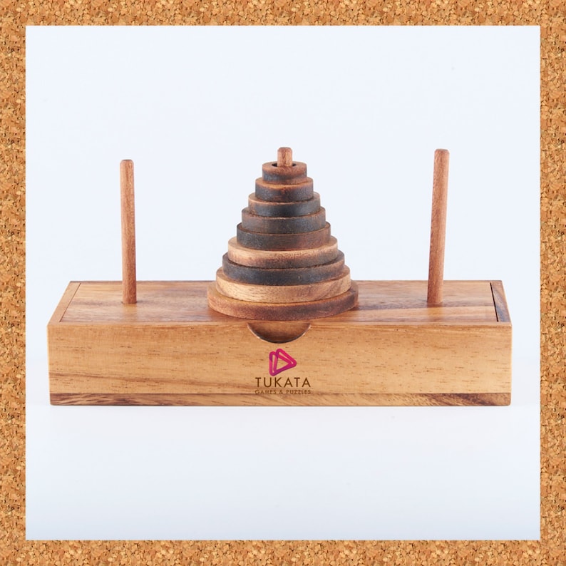 Pagoda 9 ring brain teaser puzzle, wood, handmade 3D puzzle-arrange rings on end column to solve Main image