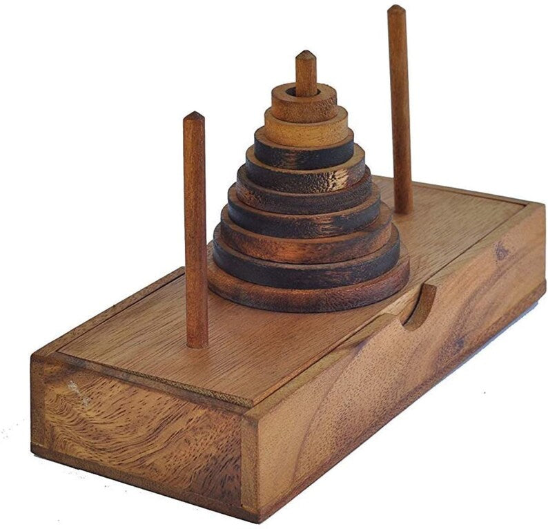 Pagoda 9 ring brain teaser puzzle, wood, handmade 3D puzzle-arrange rings on end column to solve Secondary image