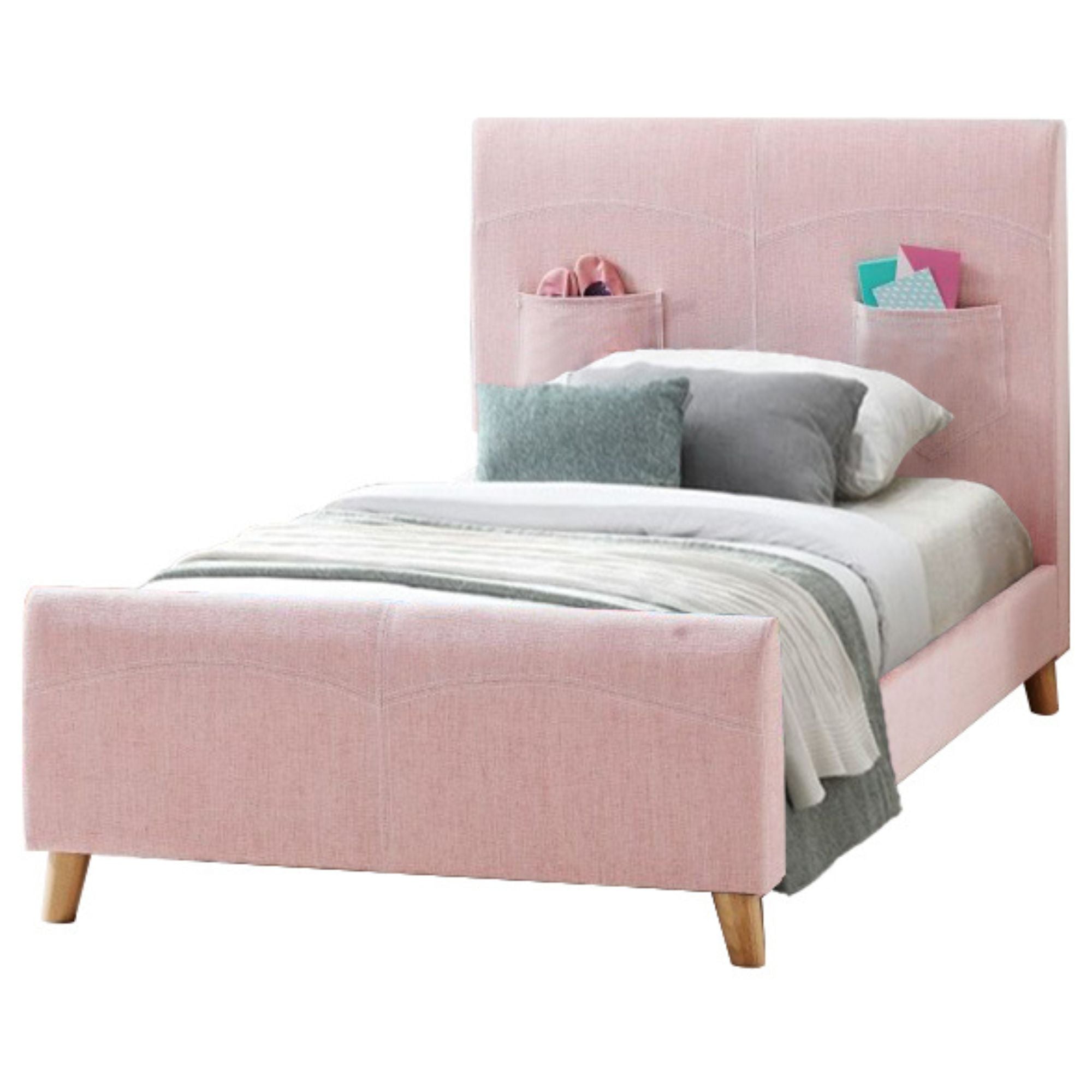 Phlox Kids King Single Bed Fabric Upholstered Children Kid Timber Frame - Pink Main image