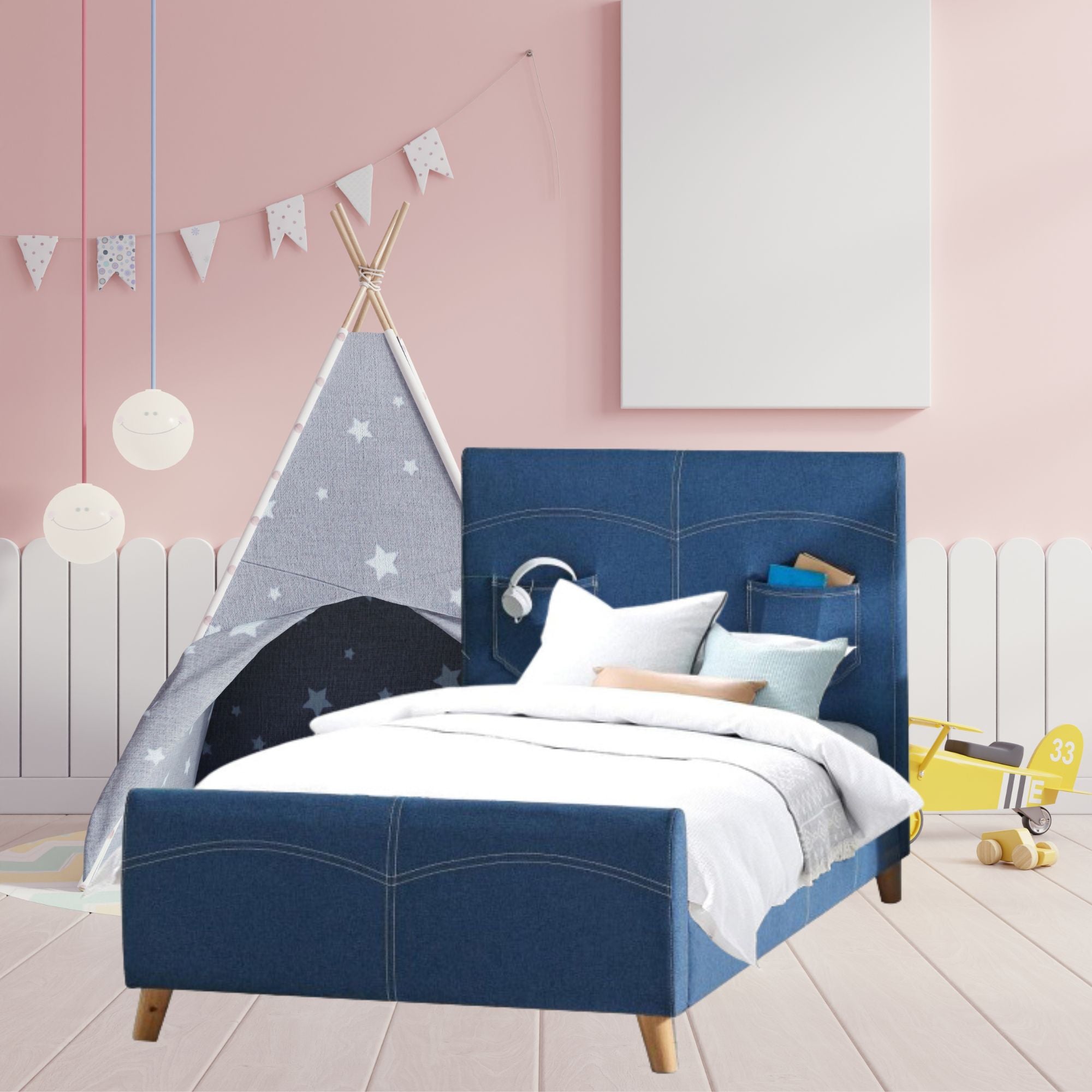 Phlox Kids Child Single Bed Fabric Upholstered Children Kid Timber Frame - Denim Secondary image