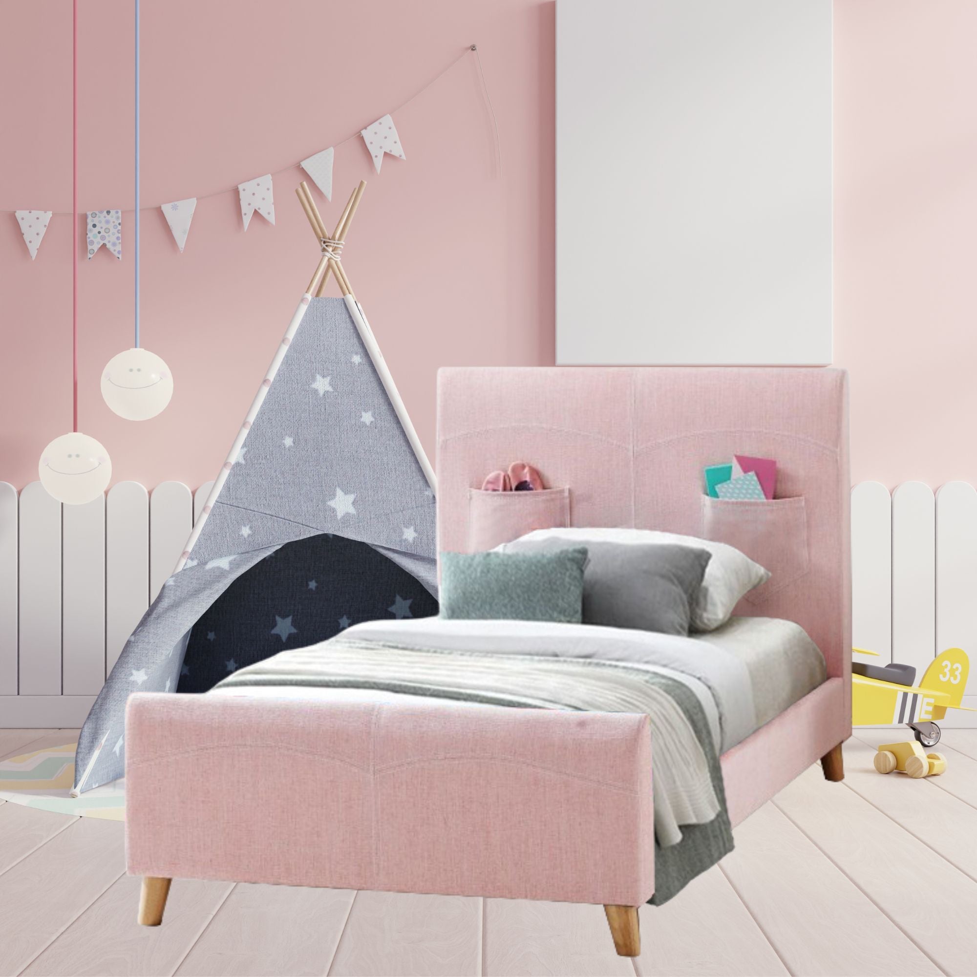 Phlox Kids Child Single Bed Fabric Upholstered Children Kid Timber Frame - Pink Secondary image