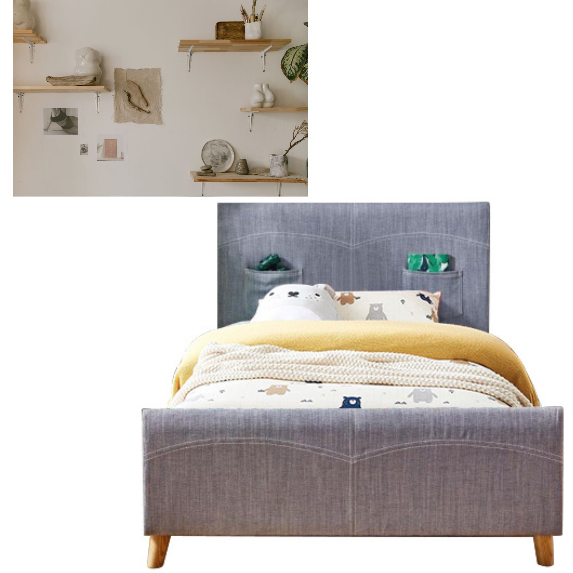 Phlox Kids Child Single Bed Fabric Upholstered Children Kid Timber Frame - Steel Secondary image