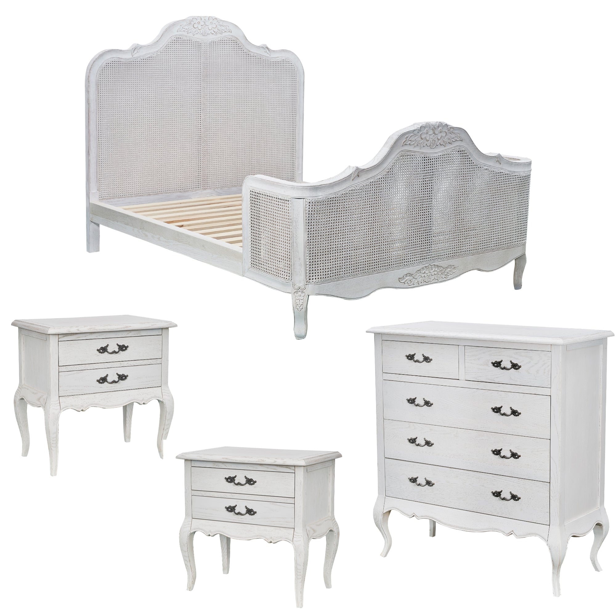 Alice 4pc King Bed Suite Bedside Tallboy Bedroom Rattan Furniture Package White Main image