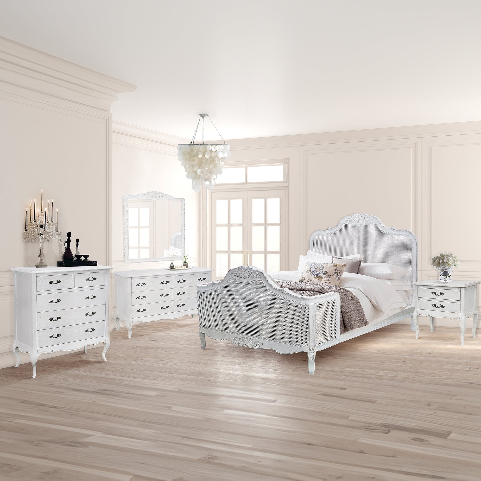 Alice 4pc Queen Bed Suite Bedside Tallboy Bedroom Rattan Furniture Package White Secondary image