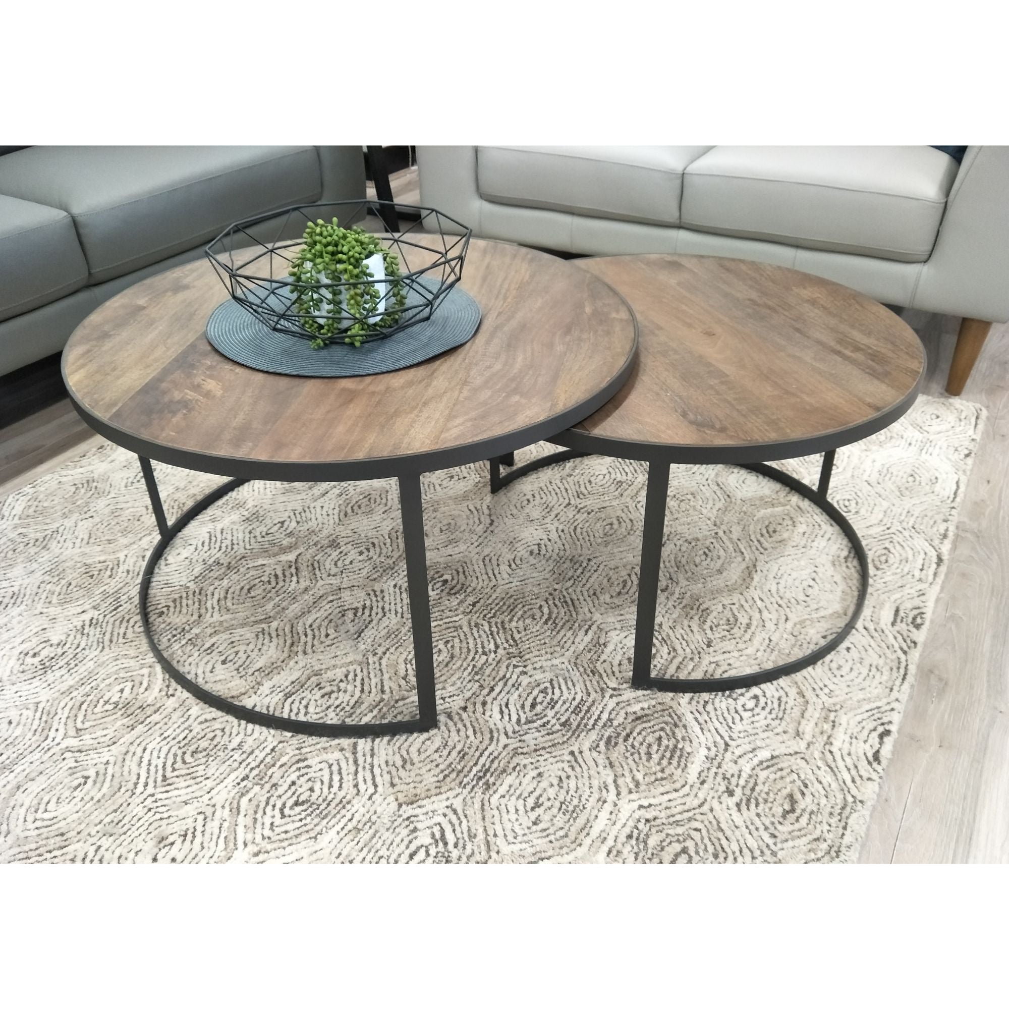 Nolana  2pc Mango Wood and Metal Round Nesting 80cm Coffee Table Set - Natural Secondary image