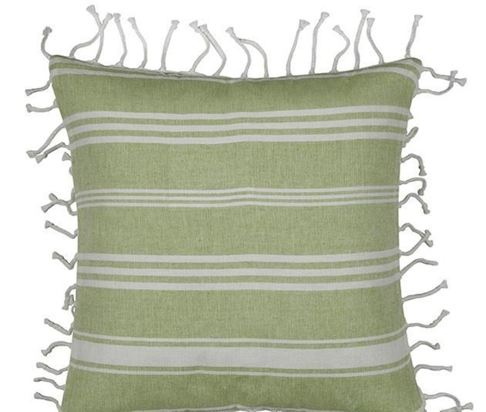 Fresh Green & White Striped Cushion Cover with white knotted edging Main image