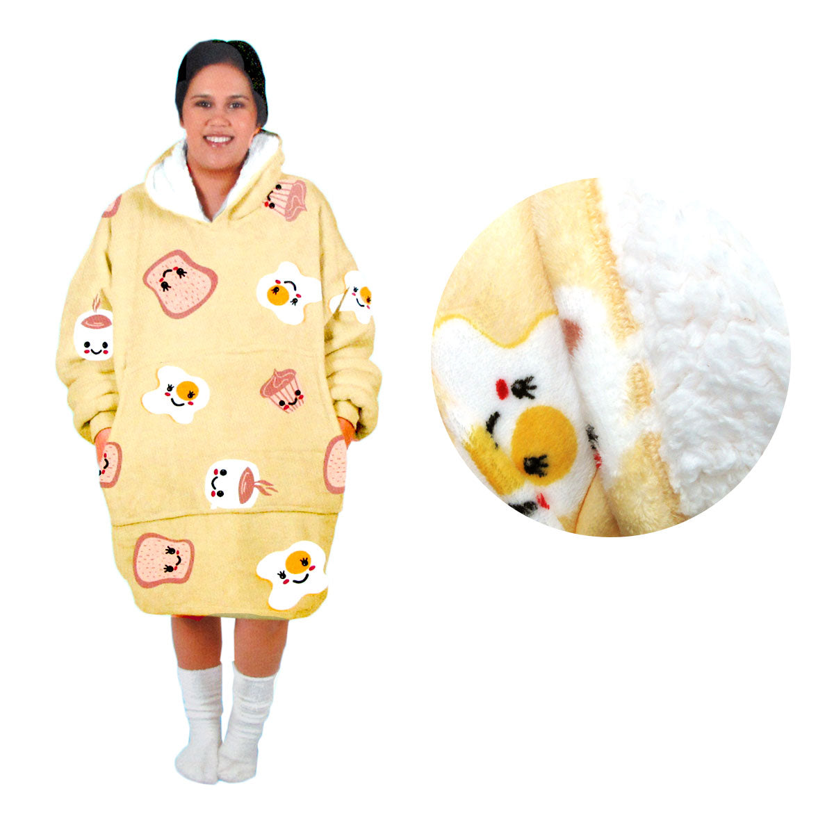 Adult Women Comfy Warm Blanket Hoodie with Sherpa Fleece Reverse Yellow Brekkie Time Main image