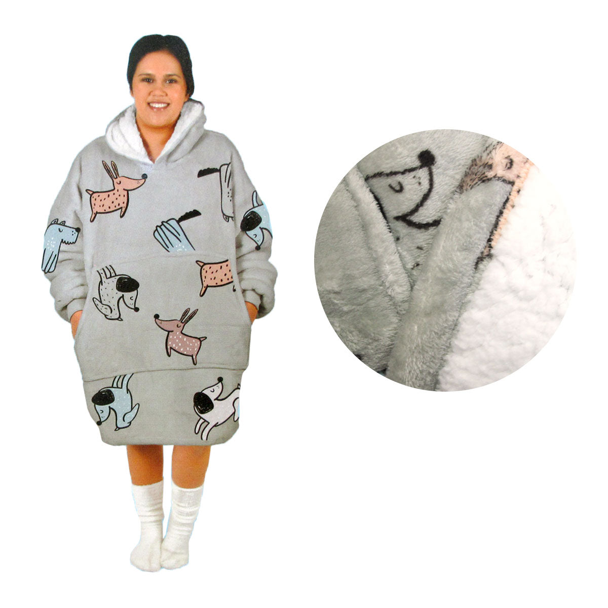 Adult Women Comfy Warm Blanket Hoodie with Sherpa Fleece Reverse Grey Dogs Main image