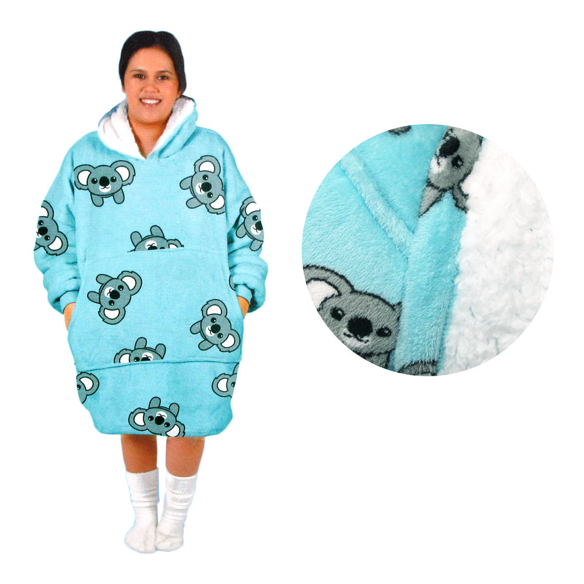 Adult Women Comfy Warm Blanket Hoodie with Sherpa Fleece Reverse Aqua Koala Main image