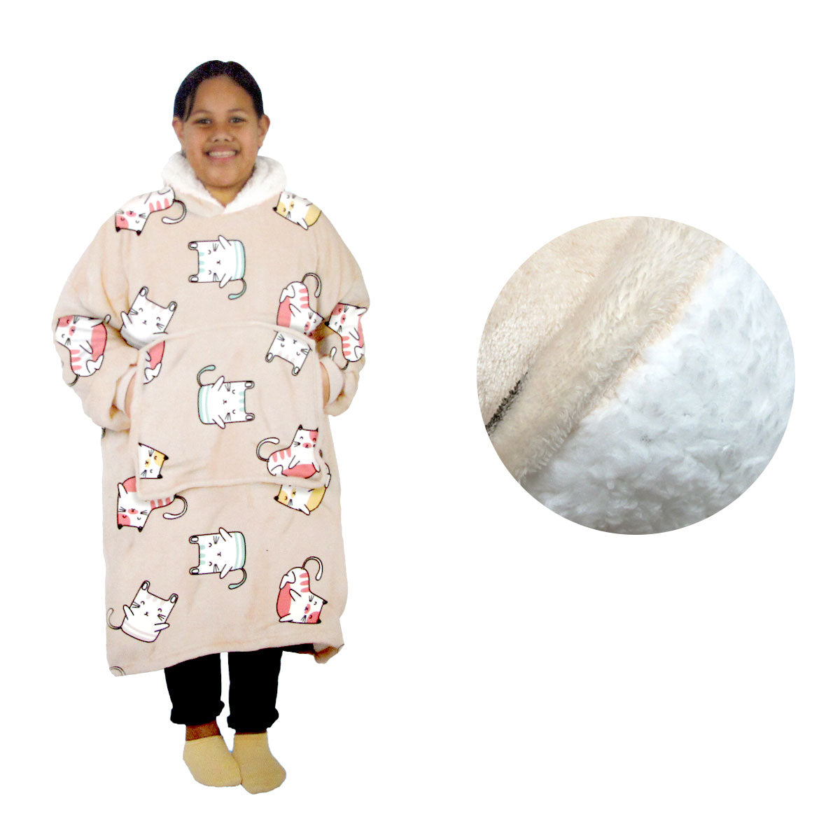 Girls Comfy Warm Blanket Hoodie with Sherpa Fleece Reverse Kawaii Cat Main image
