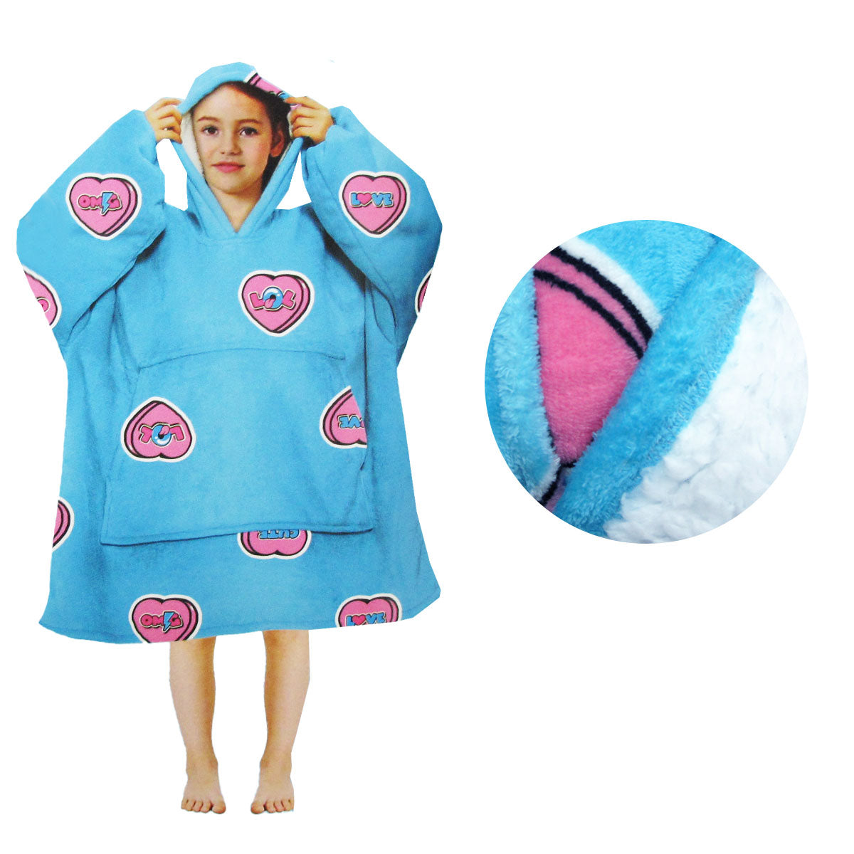 Girls Comfy Warm Blanket Hoodie with Sherpa Fleece Reverse Love Hearts Main image