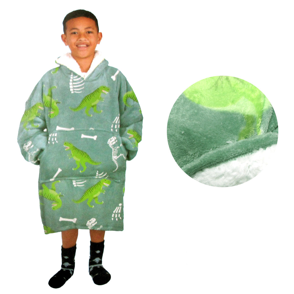 Blanket Hoodie with Sherpa Reverse Green Dinosaur Main image
