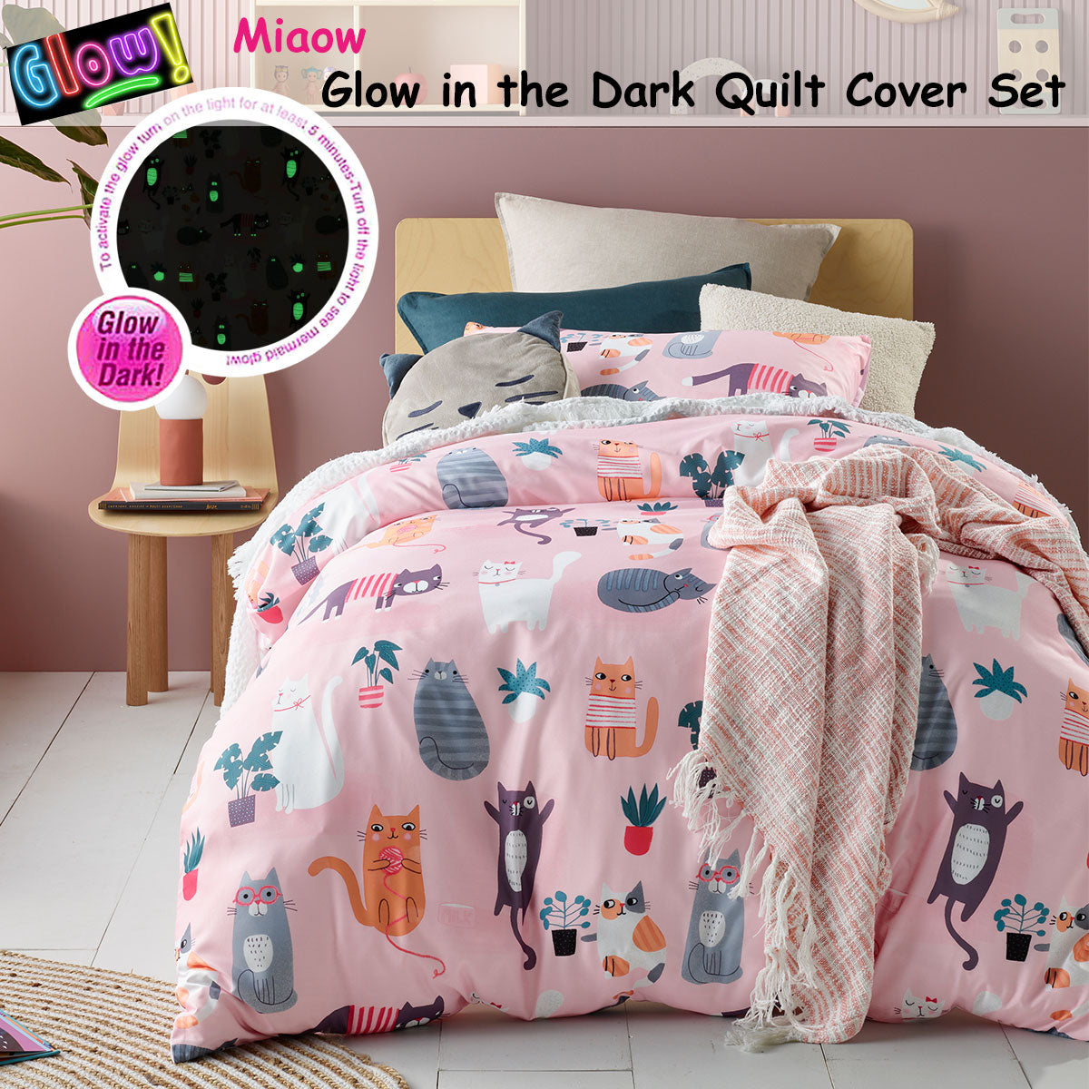 Happy Kids Miaow Glow in the Dark Quilt Cover Set Double Secondary image