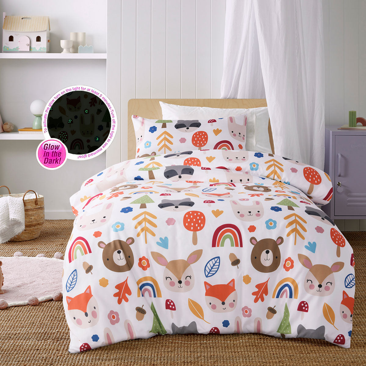 Happy Kids Glow in the Dark Rainbow Forest Quilt Cover Set Single Main image