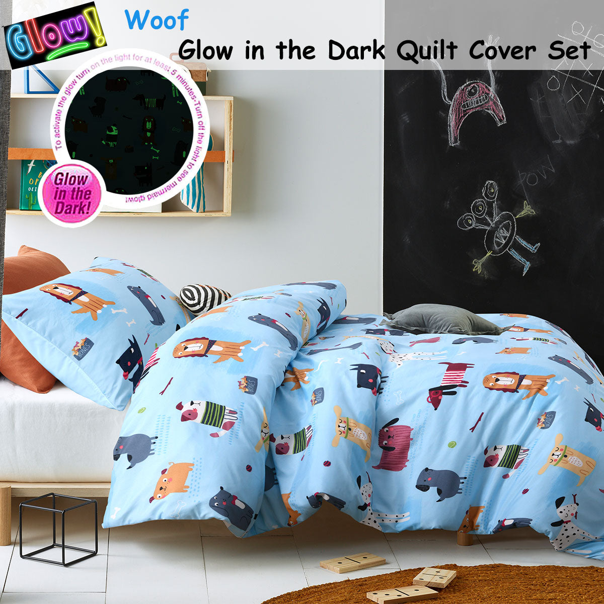 Happy Kids Woof Glow in the Dark Quilt Cover Set Double Secondary image