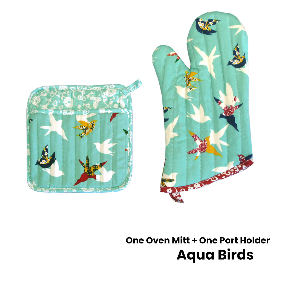 Set of 100% Cotton Printed Oven Mitt + Pot Holder Aqua Birds Secondary image