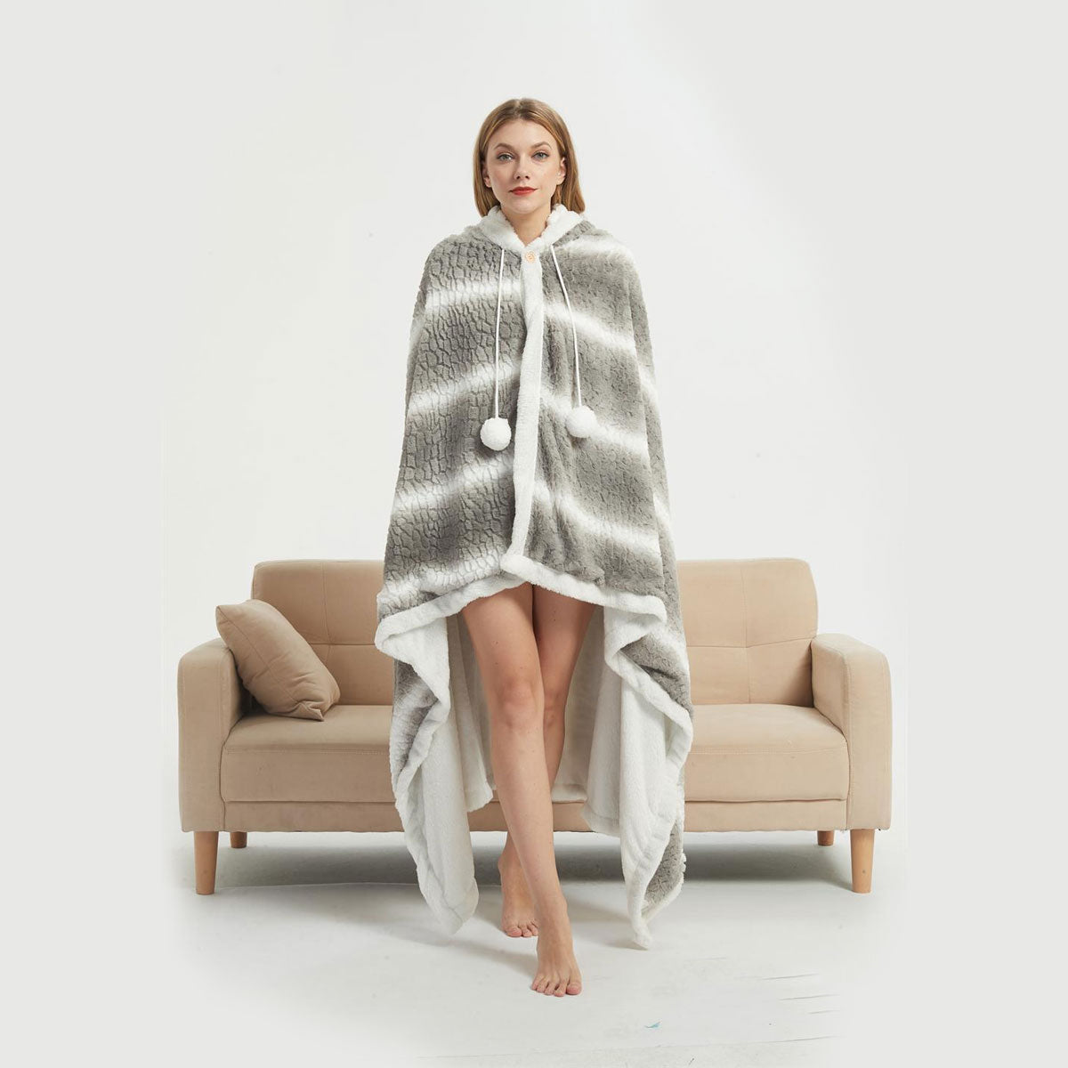 Ramesses Faux Fur Hooded Robe Grey White Stripe Main image