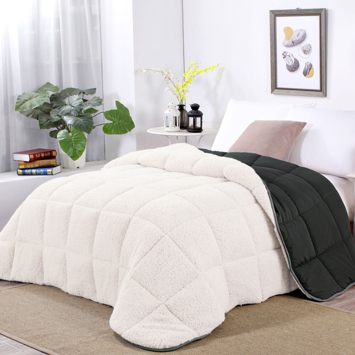 Shangri La Charcoal Sherpa Fleece Reversible 3 Pcs Comforter Set Double Main image