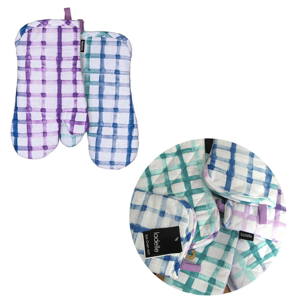 Ladelle Tri-colour Trinny Random Pattern/Colour Reversible Set of 2 Oven Mitts 18 x 33 cm Main image
