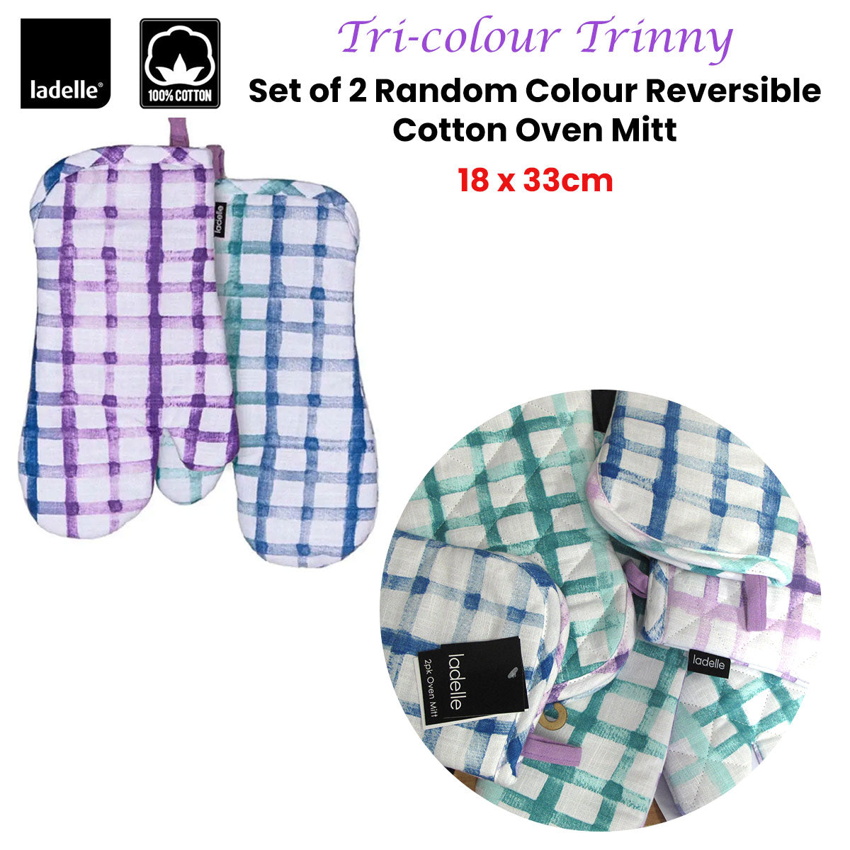 Ladelle Tri-colour Trinny Random Pattern/Colour Reversible Set of 2 Oven Mitts 18 x 33 cm Secondary image